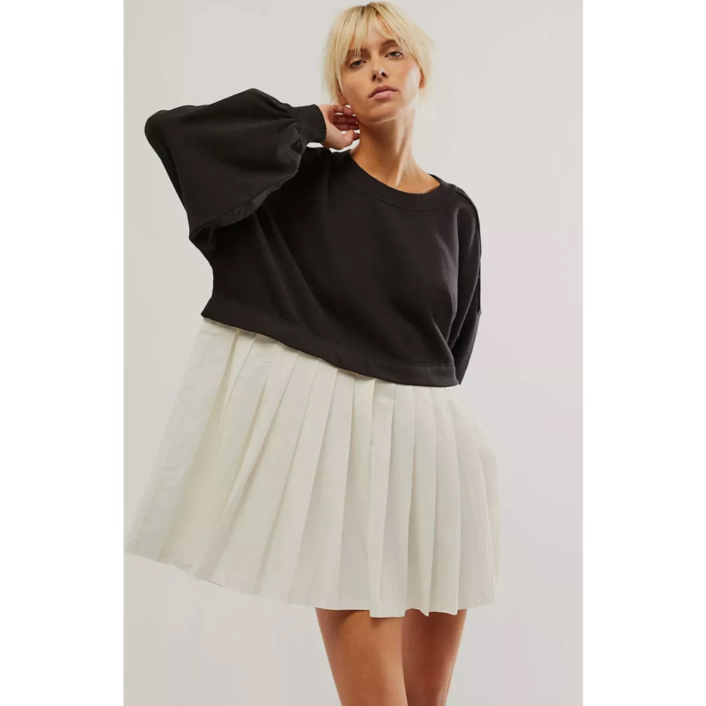Free People Black Cropped Sweatshirt with White Pleated Skirt